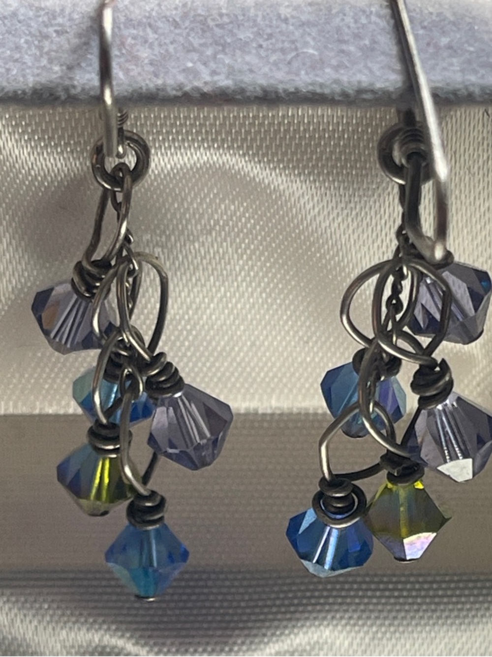 Handmade Silver Blue Crystal Cluster Drop Earrings